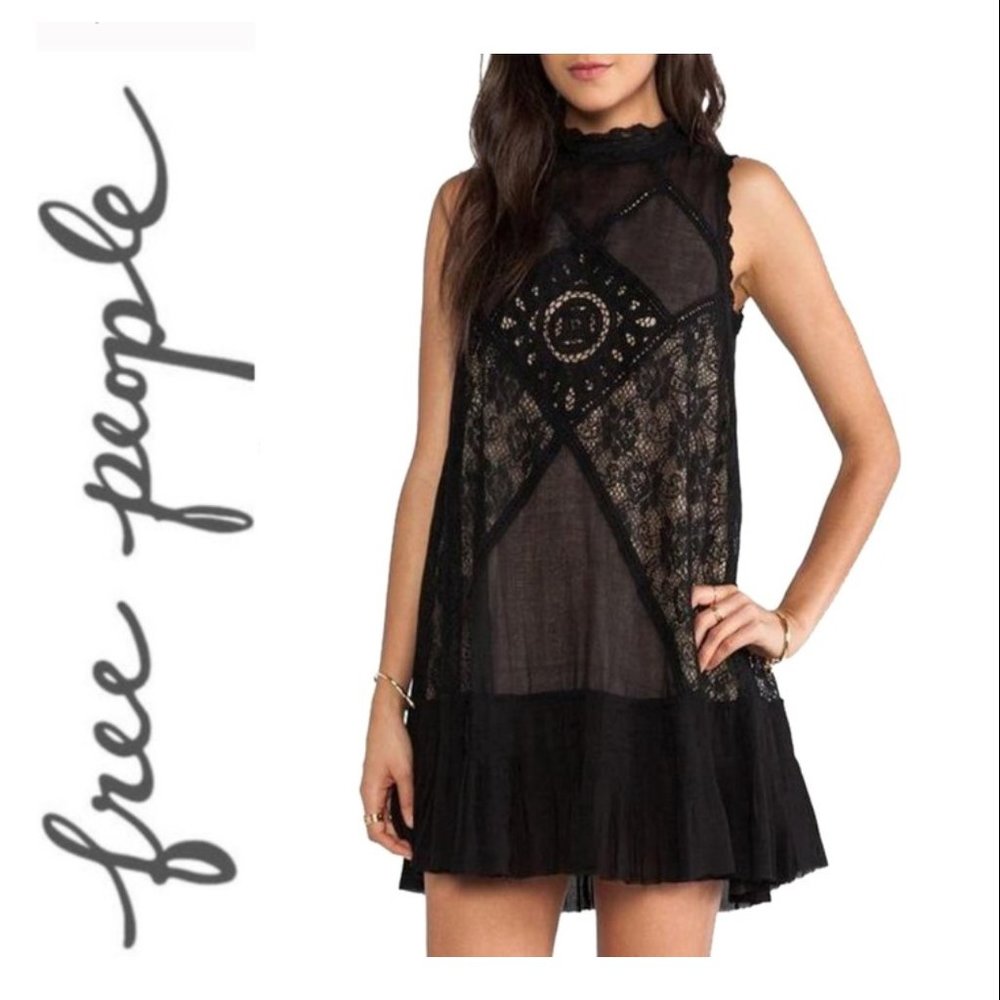 FREE PEOPLE: Black Angel Lace High Neck Crochet/Lace Open In Formal Top/Dress